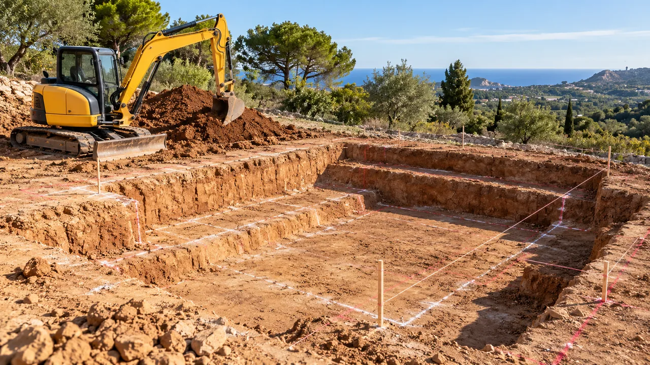 Excavadora junto a un vaciado para cimentación