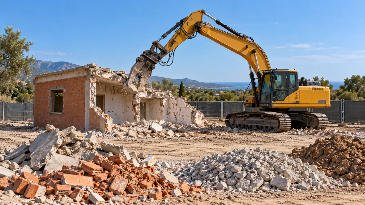 Excavadora trabajando en la demolición de una construcción