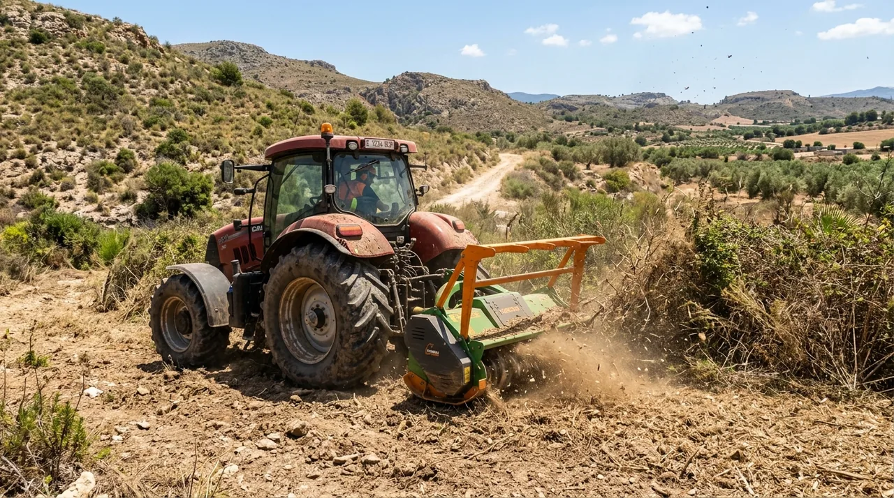 Tractor trabajando sobre vegetación en una parcela
