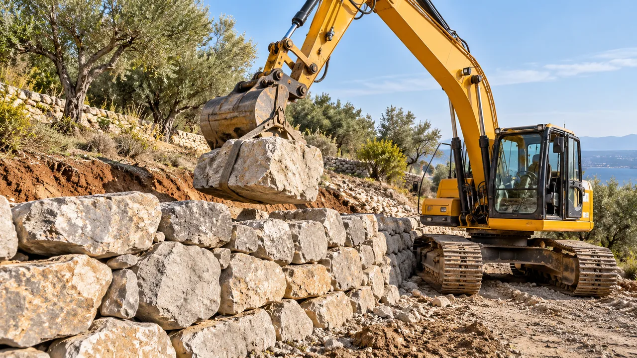 Colocación de piedra en un muro de escollera