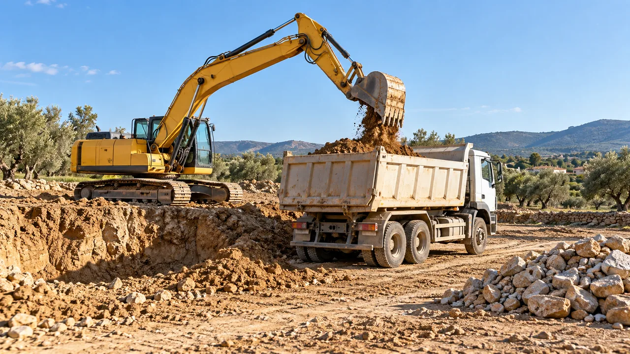 Excavadora cargando tierra en un camión