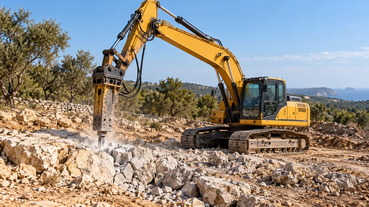 Excavadora con martillo hidráulico picando roca caliza