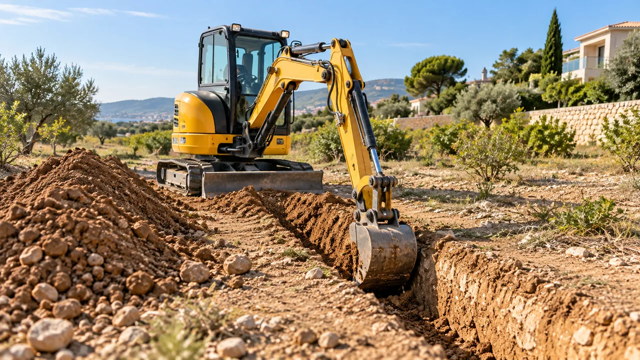 Miniexcavadora abriendo una zanja